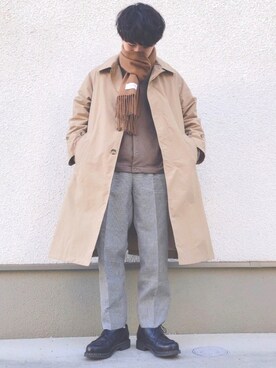 「パラブーツ」｜「アイテム（ステンカラーコート）」を使った、ふみさん（メンズ・166cm）の冬コーディネート