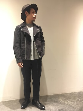 「Johnbull Private labo（ジョンブルプライベートラボ）のアイテム（ライダースジャケット）」を使った、あきよさん（メンズ・163cm）の冬コーディネート