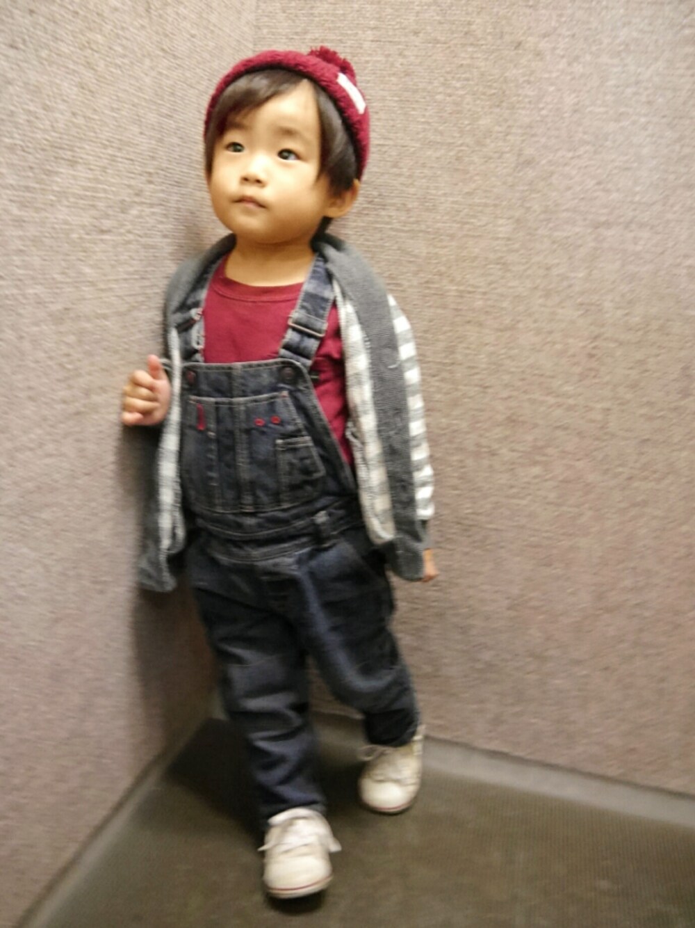「秋サロペ2017たけのこ派、きのこたけのこどっちのこ?、ボーダーカーディガン、サロペット、デニムサロペット、ボルドー、converse、白コン、ニット帽、2歳」｜「DAISOのアイテム（ニットキャップ/ビーニー、レッド系）」を使った、*そうまりこ*さん（キッズ・90cm）の秋コーディネートの1枚目の写真