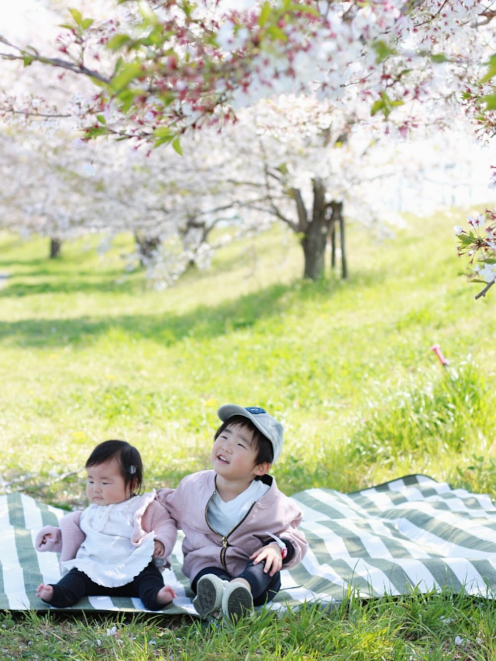 「勝手に一人桜祭り2019、ピンクコーデ、兄妹コーデ、MA-1、黒スキニー、Vネック、converse、おしゃれさんと繋がりたい、赤ちゃん、ワンピース」｜「颯馬コーデのアイテム（ラッピングキット、その他）」を使った、*そうまりこ*さん（キッズ・90cm）の夏コーディネートの1枚目の写真
