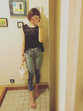 「NINE（ナイン）のアイテム（Tシャツ/カットソー、ブラック系）」を使った、kumata さん（レディース・166cm）の夏コーディネート