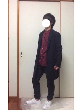 「ノーカラーシャツ」｜「アイテム（チェスターコート）」を使った、ケイさん（メンズ・163cm）の春コーディネート