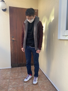 「ISAMU KATAYAMA BACKLASH（イサムカタヤマバックラッシュ）のアイテム（デニムパンツ）」を使った、makiron0524さん（メンズ・173cm）の冬コーディネート