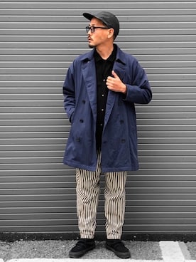 「ストライプパンツ」｜「アイテム（トレンチコート）」を使った、KOTAさん（メンズ・173cm）の冬コーディネート