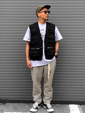 「Revo.（レボ）のRevo. ヒッコリー ストライプ テーパードパンツ（その他パンツ）」を使った、KOTAさん（メンズ・173cm）の春コーディネート