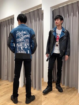 「バックプリント」｜「アイテム（ライダースジャケット）」を使った、Tatsuさん（メンズ・180cm）の秋コーディネート