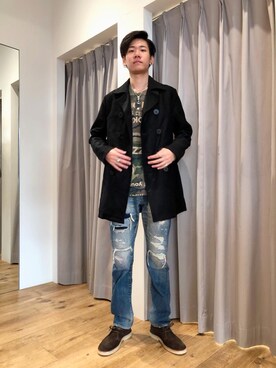 「迷彩」｜「アイテム（ピーコート）」を使った、Tatsuさん（メンズ・180cm）の秋コーディネート