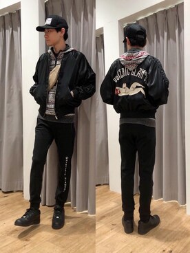 「コラボレーション」｜「アイテム（スカジャン）」を使った、Tatsuさん（メンズ・180cm）の秋コーディネート