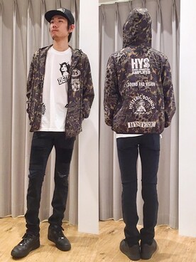 「HYSTERIC GLAMOUR（ヒステリックグラマー）のHYS WHISKY柄 刺繍キャップ（キャップ）」を使った、Tatsuさん（メンズ・180cm）の春コーディネート