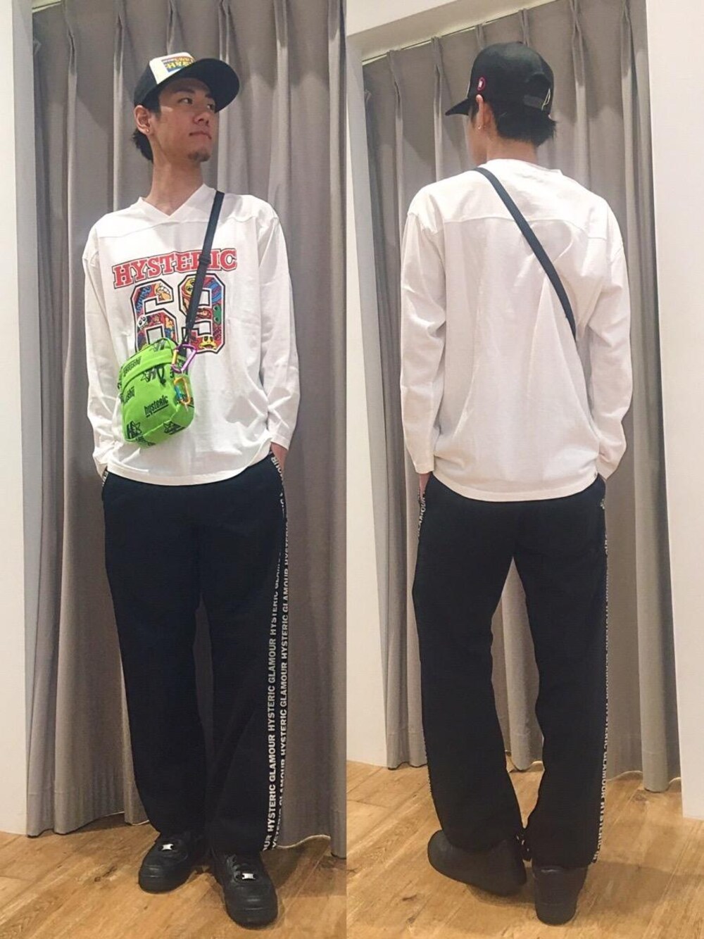 「Hysteric Glamour、シンプルコーデ、夏コーデ、ラフコーデ、カジュアルコーデ、ヒステリックグラマー、ストリートコーデ、アメカジコーデ」｜「HYSTERIC GLAMOURのHG CONNECTED LOGO イージーパンツ（その他パンツ、ブラック系）」を使った、Tatsuさん（メンズ・180cm）の秋コーディネートの1枚目の写真