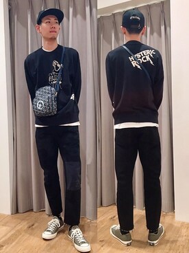 「HYSTERIC GLAMOUR（ヒステリックグラマー）のHYS WHISKY柄 刺繍キャップ（キャップ）」を使った、Tatsuさん（メンズ・180cm）の秋コーディネート