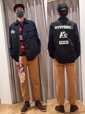 「HYSTERIC GLAMOUR（ヒステリックグラマー）のHYS WHISKY柄 刺繍キャップ（キャップ）」を使った、Tatsuさん（メンズ・180cm）の秋コーディネート
