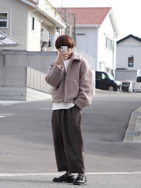 「LIDNM（リドム）のOVERSIZED BOA OUTER（ブルゾン）」を使った、タツさん（メンズ・168cm）の冬コーディネート