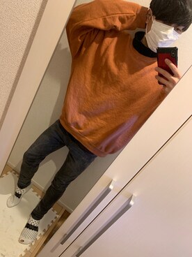 「ブラック×ホワイト」｜「アイテム（スウェット）」を使った、ゲゲ丸さん（メンズ・173cm）の冬コーディネート
