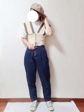 「OZOC（オゾック）のアイテム（ハンチング/ベレー帽）」を使った、ゆきち(•ө•)さん（レディース・156cm）の春コーディネート