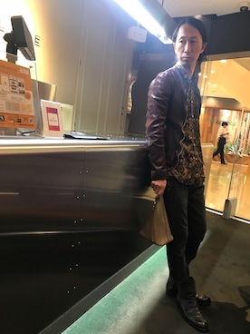 「アイテム（ライダースジャケット、パープル系）」を使った、おかださん（メンズ・175cm）の夏コーディネート