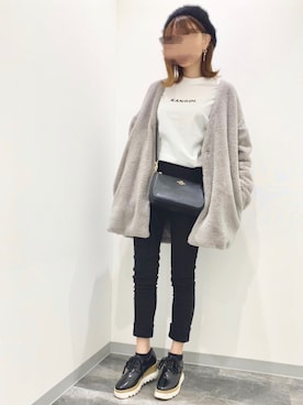 「ファーコート」｜「アイテム（ハンチング/ベレー帽）」を使った、TOMOさん（レディース・153cm）の冬コーディネート