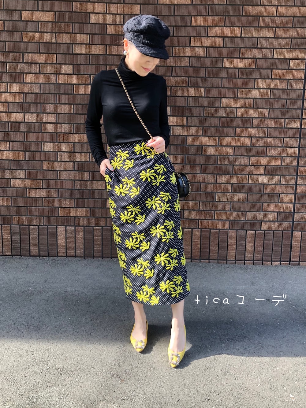 「花柄スカート、花柄、低身長、低身長コーデ、154cm」｜「UNION LAUNCHのアイテム（スカート、イエロー系）」を使った、ticaコーデさん（レディース・154cm）の春コーディネートの1枚目の写真