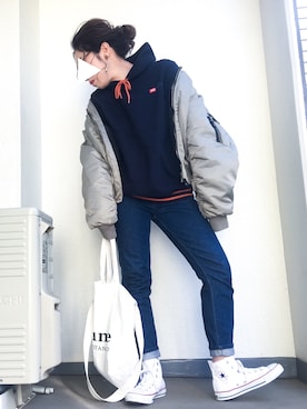 「JOURNAL STANDARD relume（ジャーナルスタンダード　レリューム）の《WEB限定》RE-2WAY ロゴトート_#（トートバッグ、ホワイト系）」を使った、tamanaさん（レディース・158cm）の冬コーディネート