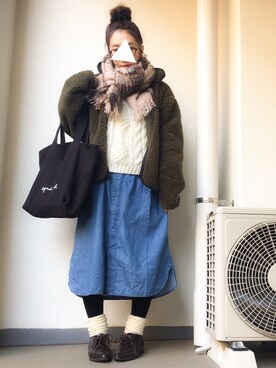 「agnes b.（アニエスベー）のGO03-01  ロゴトートバッグ（トートバッグ、ブラック系）」を使った、tamanaさん（レディース・158cm）の冬コーディネート
