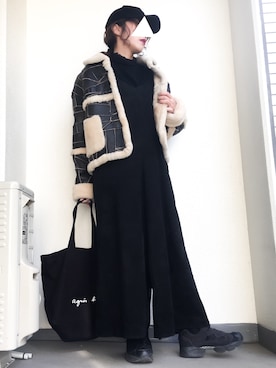 「agnes b.（アニエスベー）のGO03-01  ロゴトートバッグ（トートバッグ、ブラック系）」を使った、tamanaさん（レディース・158cm）の冬コーディネート