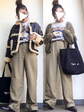 「agnes b.（アニエスベー）のGO03-01  ロゴトートバッグ（トートバッグ、ブラック系）」を使った、tamanaさん（レディース・158cm）の冬コーディネート