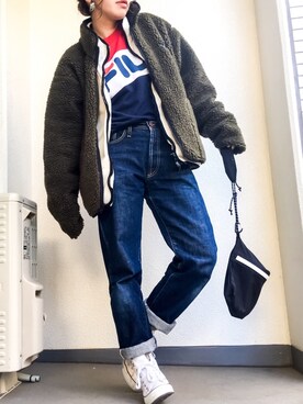 「GLOBAL WORK（グローバルワーク）のナイロン2WAYサコッシュ/766069（ショルダーバッグ、ブラック系）」を使った、tamanaさん（レディース・158cm）の冬コーディネート