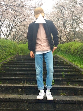 「ジーユー」｜「アイテム（MA-1）」を使った、みなとさん（メンズ・173cm）の春コーディネート