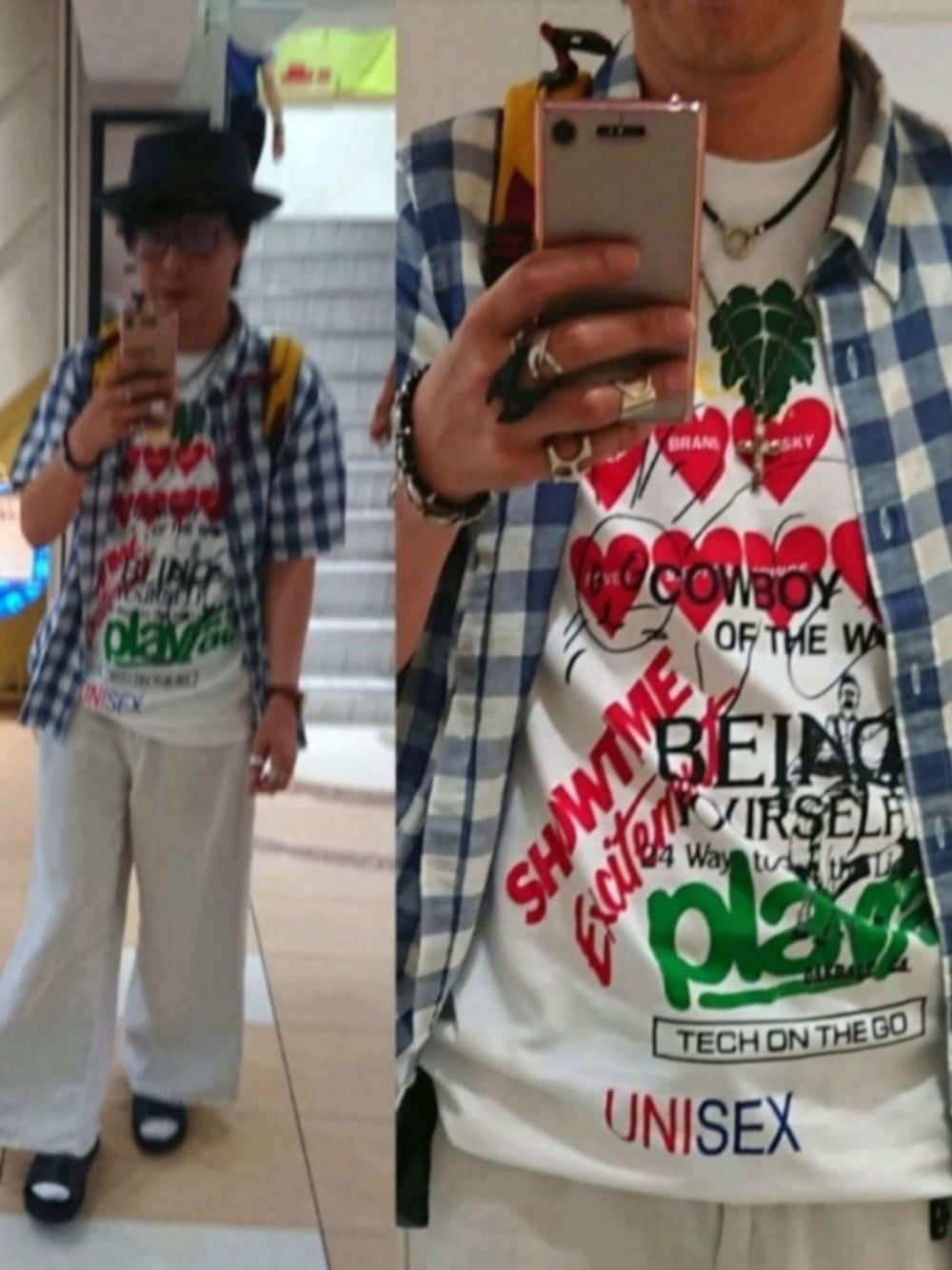 ブルー系のシャツ/ブラウス、ホワイト系のデニムパンツ、ブラック系のサンダルを着用したメンズの夏コーディネートの1枚目の写真