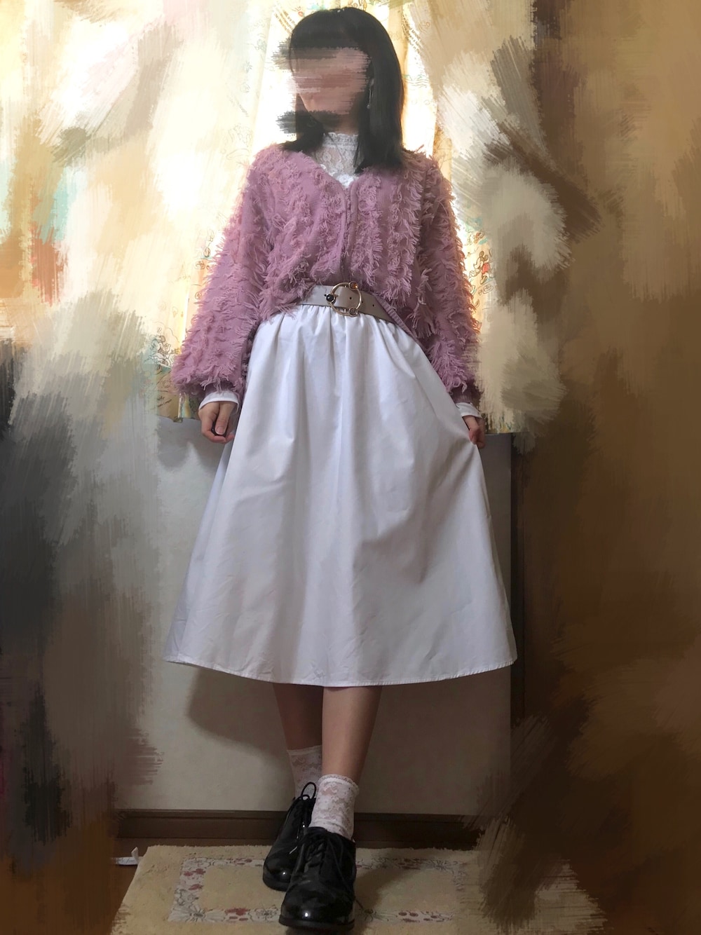 「休日スタイル、春色、春コーデ、プチプラ、プチプラコーデ、ピンク、ホワイト、GU、ガーリー、フリル」｜「w closetのレース切替フリルブラウス（シャツ/ブラウス、ホワイト系）」を使った、のえる ໒꒱· ﾟさん（レディース・155cm）の冬コーディネートの1枚目の写真