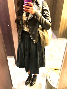 「one after another NICE CLAUP（ワンアフターアナザーナイスクラップ）のアイテム（ライダースジャケット）」を使った、miiiさん（レディース・165cm）の春コーディネート
