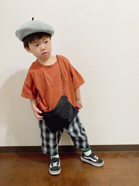 「テラコッタ」｜「アイテム（ハンチング/ベレー帽）」を使った、taaacoさん（キッズ・100cm）の秋コーディネート