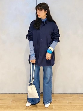 「ADAM ET ROPE'（アダムエロペ）の【BIG JOHN for ADAM ET ROPE'】パッチポケットフレアデニム（デニムパンツ）」を使った、ADAM ET ROPE' STAFFさん（レディース・156cm）の春コーディネート