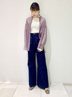 「ADAM ET ROPE'（アダムエロペ）の【BIG JOHN for ADAM ET ROPE'】パッチポケットフレアデニム（デニムパンツ）」を使った、ADAM ET ROPE' STAFFさん（レディース・159cm）の春コーディネート