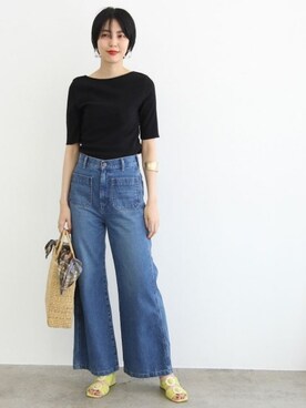 「ADAM ET ROPE'（アダムエロペ）の【BIG JOHN for ADAM ET ROPE'】パッチポケットフレアデニム（デニムパンツ）」を使った、ADAM ET ROPE' STAFFさん（レディース・167cm）の春コーディネート
