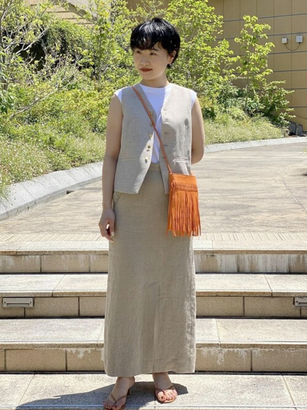 アダムエロペ／配色ステッチマキシタイトスカートイエロー系 セットアップ対応・洗えるハイウエストタックタイト