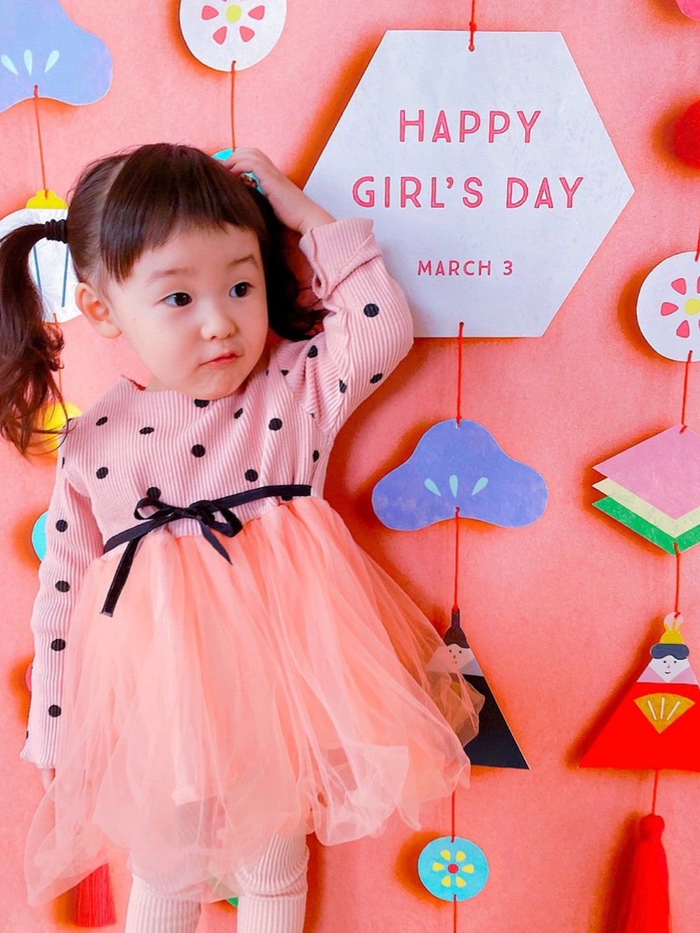 「ワンピース、プチプラ、ひな祭り、チュールスカート、ドット、韓国子供服、monmimi、ピンク、パステル映える春、春コーデ」｜「koreaのsize  80.90.（ワンピース、ピンク系）」を使った、kumakumaさん（キッズ・100cm）の春コーディネートの1枚目の写真