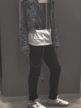 「OFF-WHITE」｜「アイテム（デニムジャケット）」を使った、水素さん（メンズ・172cm）の春コーディネート