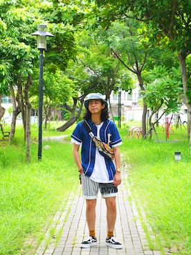 「ficouture（フィクチュール）のアイテム」を使った、唯家 Vegaさん（メンズ・177cm）の夏コーディネート