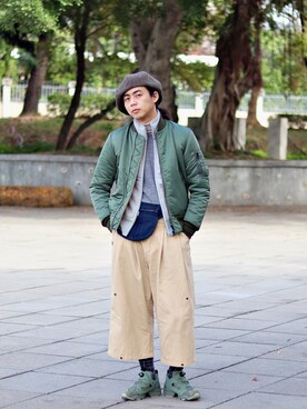 「MUJI」｜「アイテム（ハンチング/ベレー帽）」を使った、唯家 Vegaさん（メンズ・177cm）の冬コーディネート