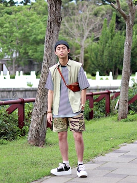 「PHENOMENON（フェノメノン）のアイテム（トップス）」を使った、唯家 Vegaさん（メンズ・177cm）の夏コーディネート