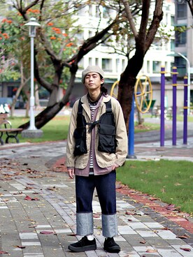 「Engineered Garments（エンジニアードガーメンツ）のアイテム（その他アウター）」を使った、唯家 Vegaさん（メンズ・177cm）の冬コーディネート