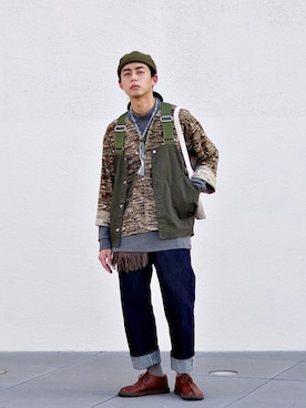 「oversize」｜「アイテム（ノーカラージャケット）」を使った、唯家 Vegaさん（メンズ・177cm）の秋コーディネート