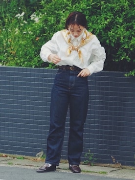 「LOWRYS FARM（ローリーズファーム）のCONEハイライズワイドデニム　800874（デニムパンツ）」を使った、おまつさん（レディース・162cm）の春コーディネート