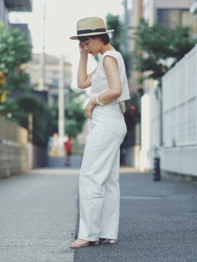 「LOWRYS FARM（ローリーズファーム）のCONEハイライズワイドデニム　800874（デニムパンツ）」を使った、おまつさん（レディース・162cm）の夏コーディネート