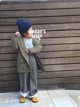 「GUコーデ」｜「アイテム（モッズコート）」を使った、nonkahoさん（キッズ・110cm）の冬コーディネート