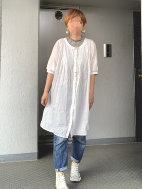 「アイテム（チュニック、ホワイト系）」を使った、のしこさん（レディース・156cm）の夏コーディネート