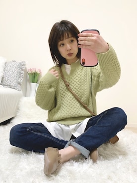 「Honeys（ハニーズ）のデニムテーパードパンツ（デニムパンツ）」を使った、うしさん（レディース・150cm）の冬コーディネート
