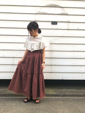 「E hyphen world gallery（イーハイフンワールドギャラリー）の・フリルハイネックブラウス（シャツ/ブラウス、ホワイト系）」を使った、kanatoさん（レディース・152cm）の夏コーディネート