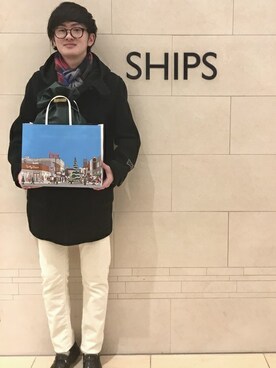 「アイテム（マフラー、ブルー系）」を使った、水上さん（メンズ・176cm）の秋コーディネート